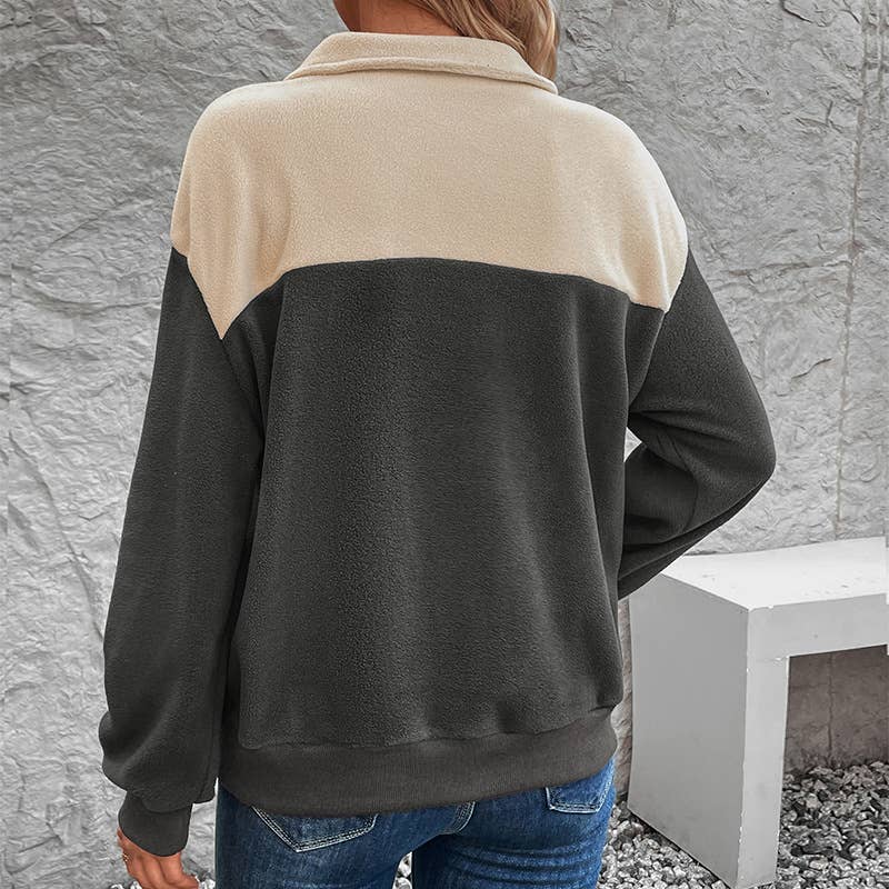 LONG SLEEVE LAPEL FLEECE SPLICED HOODIE