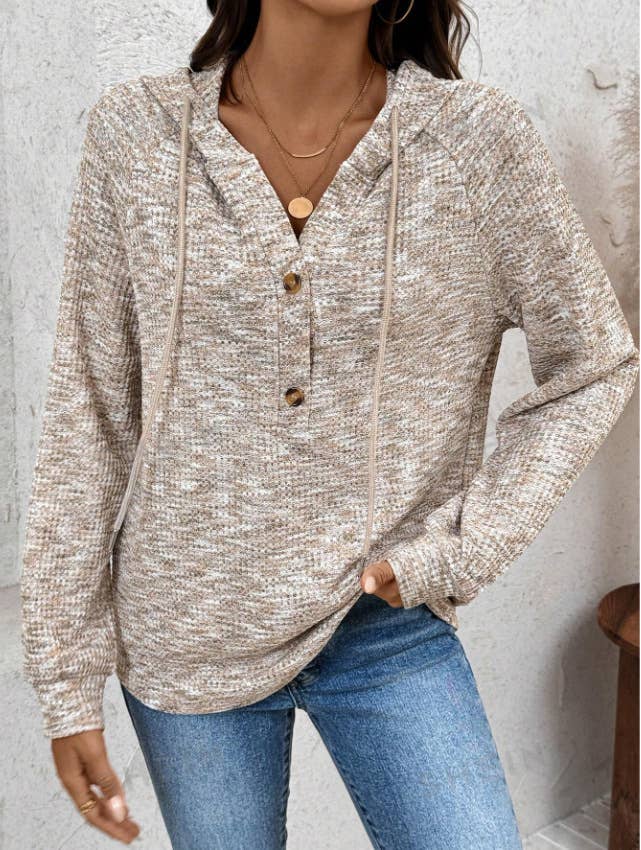 WAFFLE BUTTON-UP HOODIE LOOSE LONG-SLEEVED HOODIE