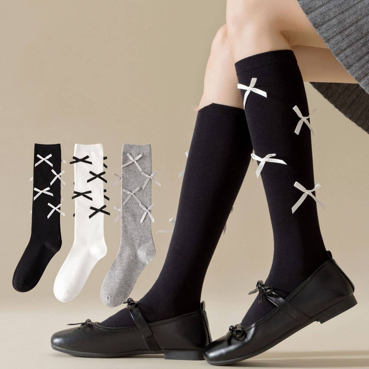 JK CALF SOCKS DECORATION BOW COTTON STOCKINGS