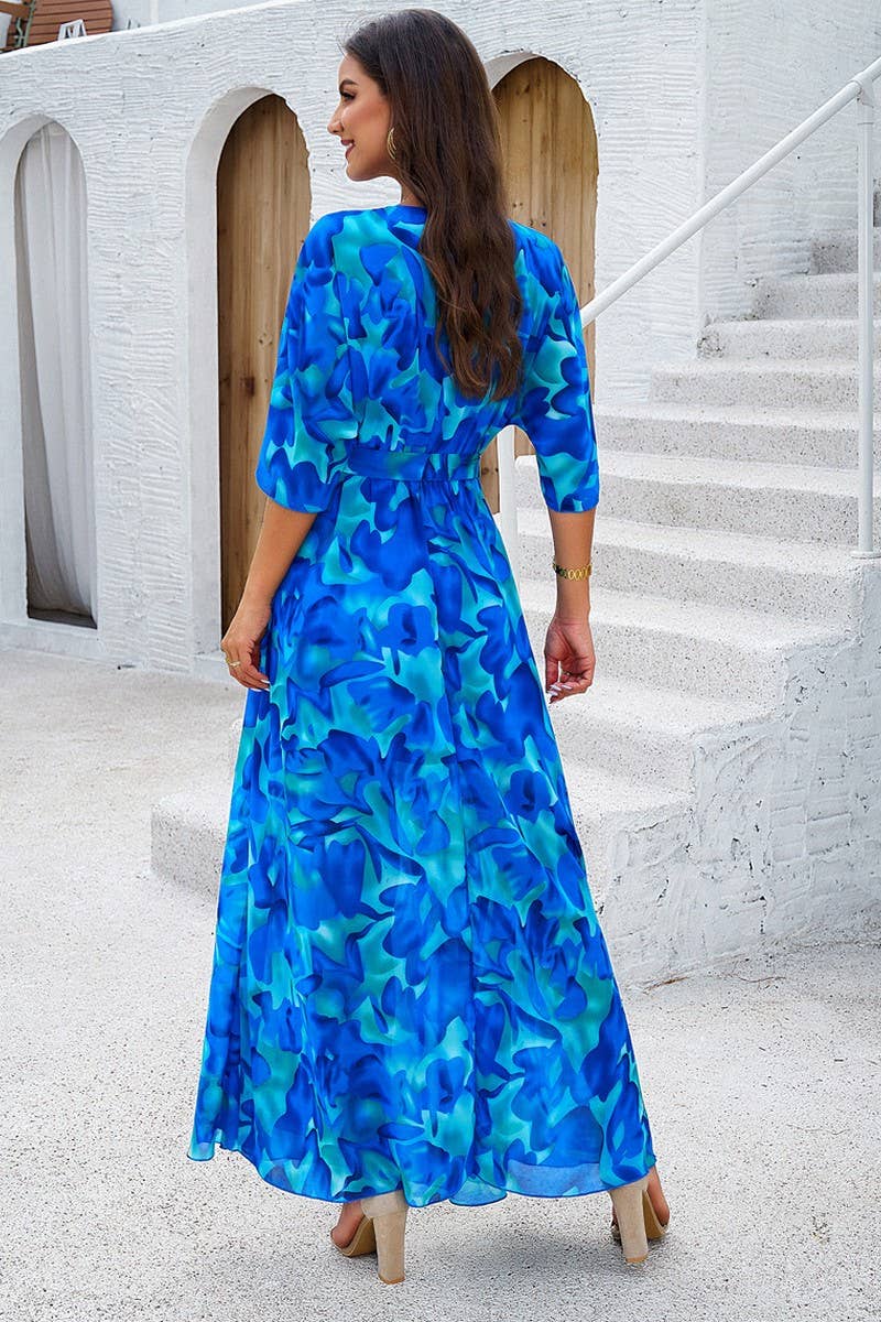 CWDMD0997_Deep V-Neck Wrap Short Sleeve Floral Print Dresses