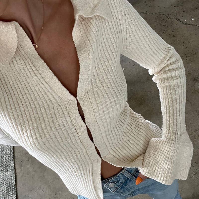 Flared sleeve sexy solid color sweater