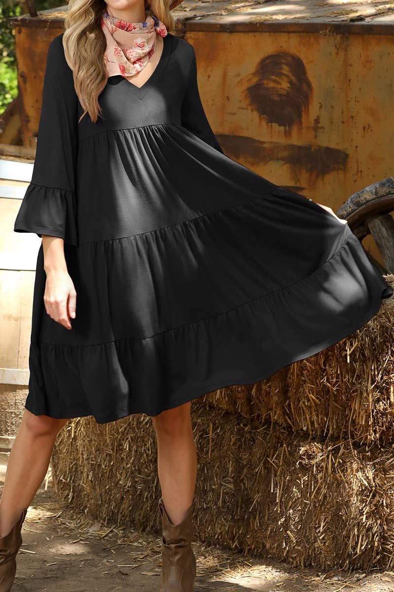 CWDSD10353_V NECK 3 TIERED WITH RUFFLE SLEEVE DRESS