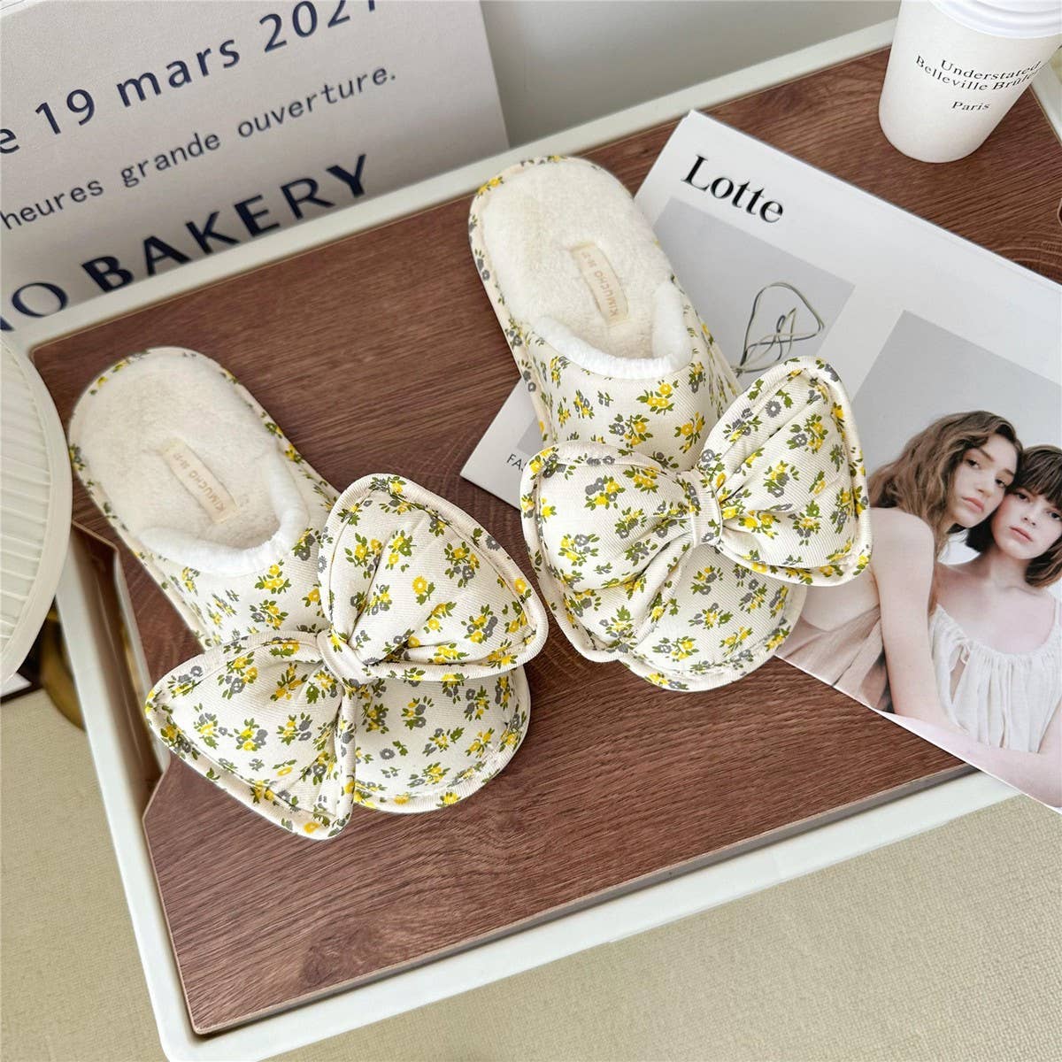WOMEN'S BOWKNOT FLORAL PLUSH HOME SLIPPERS