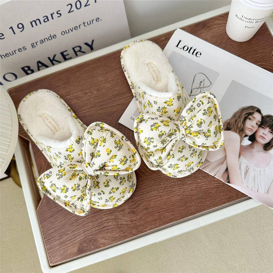 WOMEN'S BOWKNOT FLORAL PLUSH HOME SLIPPERS