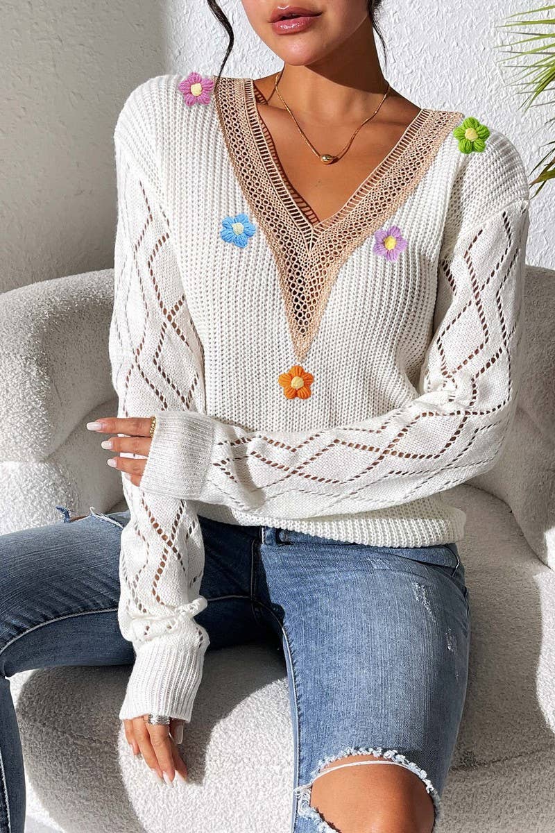 CWOSWL07385_WOMEN LACE V NECK COLOR BLOCK KNIT TOP