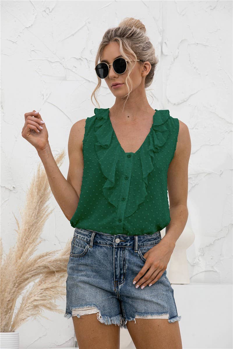 SEXY V NECK RUFFLED HALTER BUTTON SHIRT_CWTSTSL0050