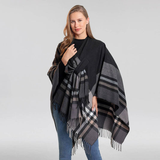 KNITTED FRINGED SHAWL DOUBLE-SIDED PLAID SCARF