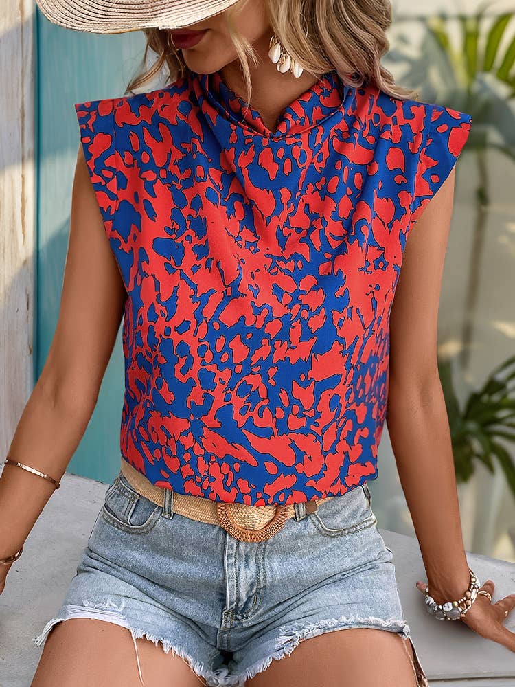 Sleeveless swing collar abstract printed shirt