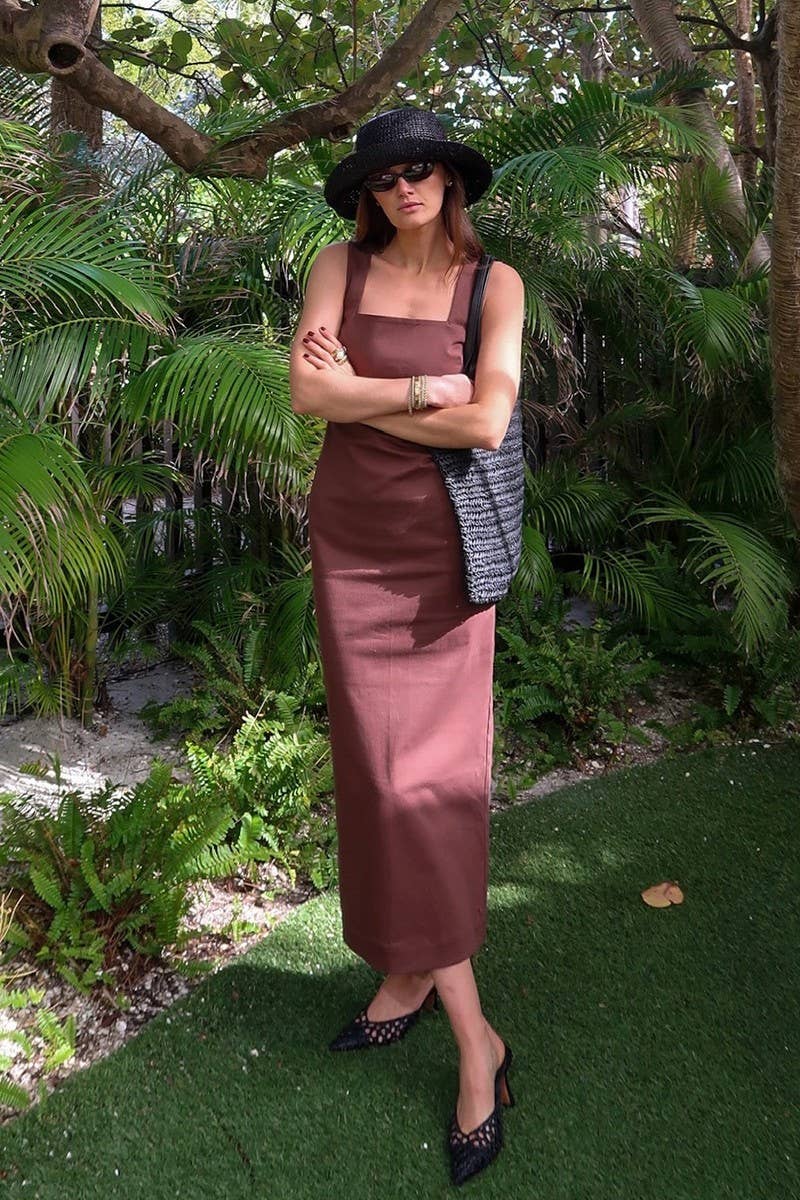 CWDMD5260_SOLID SQUARE NECK SLIM FIT COTTON-LINEN DRESS