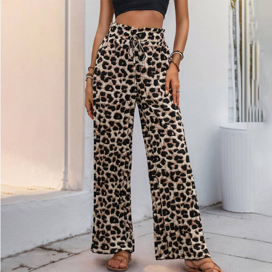 Fashion leopard straddle pleated wide-leg pants