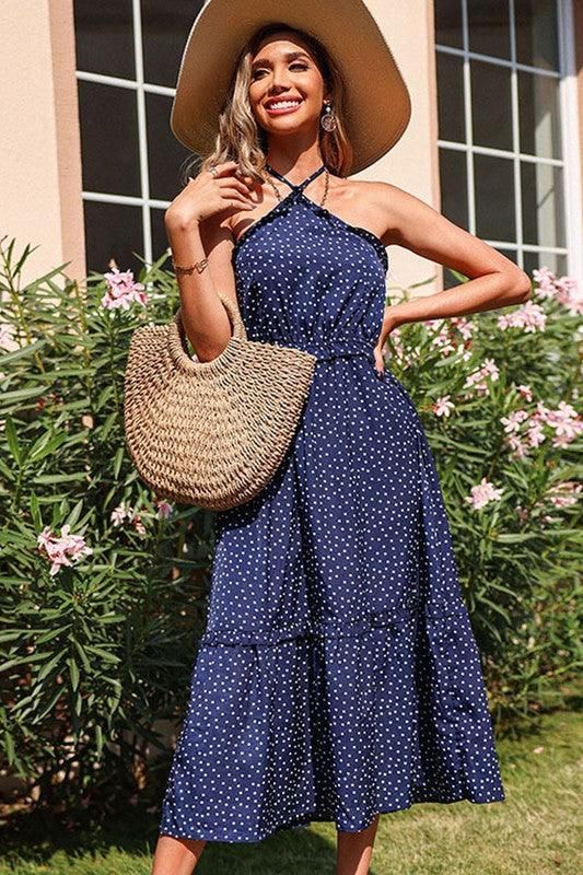 SLEEVELESS DOT PRINTED SLING NECK MAXI DRESS - Doublju