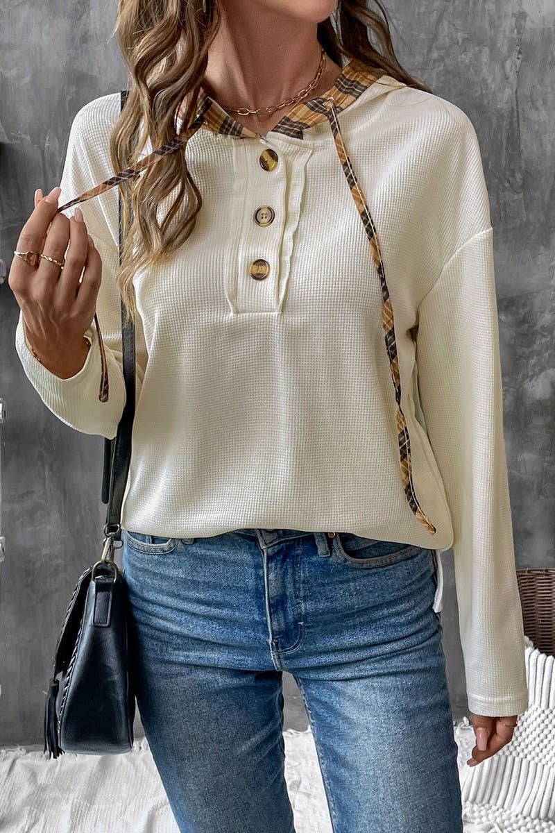 CWOHOL0687_PANELED CHECK LONG SLEEVE HOODIE