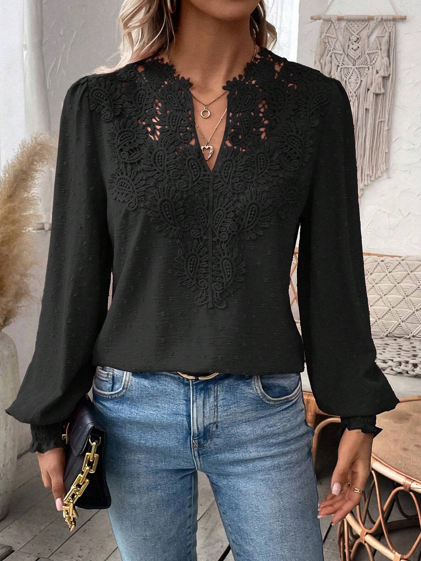 Fashion V-neck lace long sleeve casual T-shirt