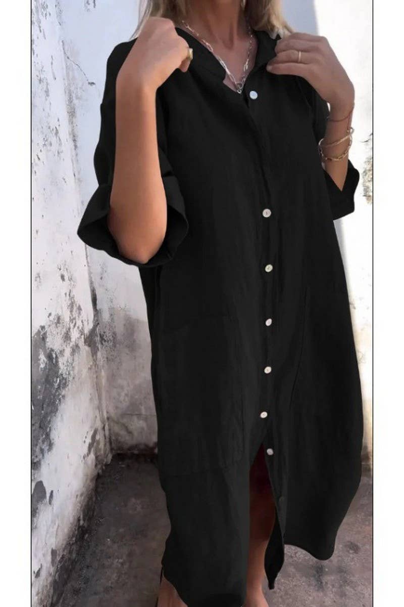 CWDMD01055_SUMMER LOOSE CASUAL MID-SLEEVE SHIRT DRESS