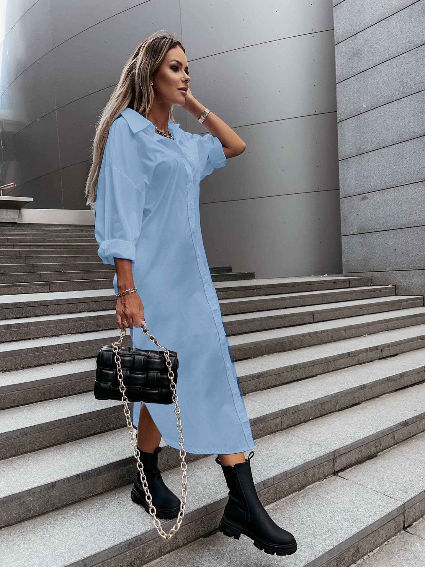 STYLISH SLIT LOOSE CASUAL SOLID COLOR SHIRT DRESS