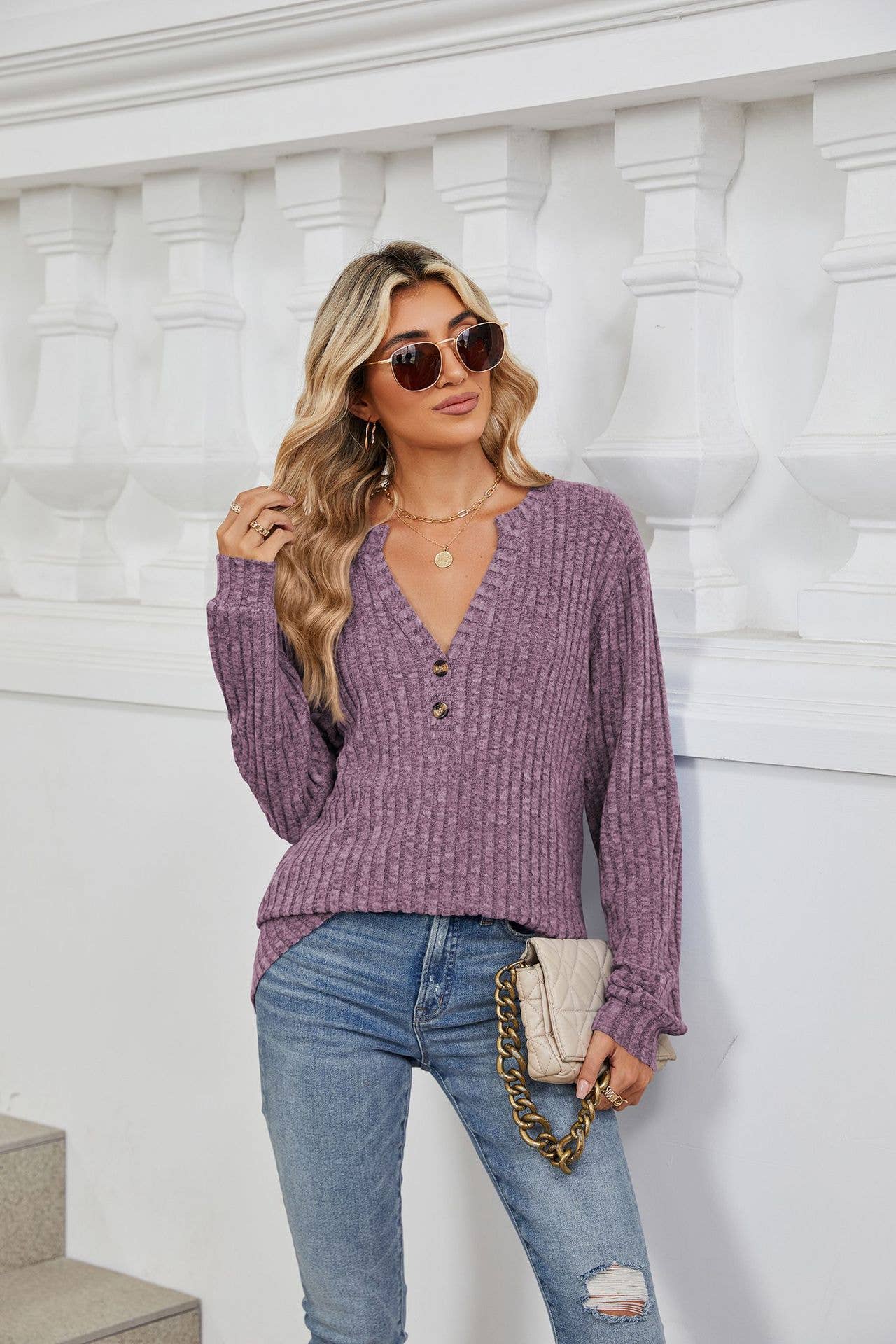 V-NECK BUTTON-DOWN LONG SLEEVED LOOSE T-SHIRT
