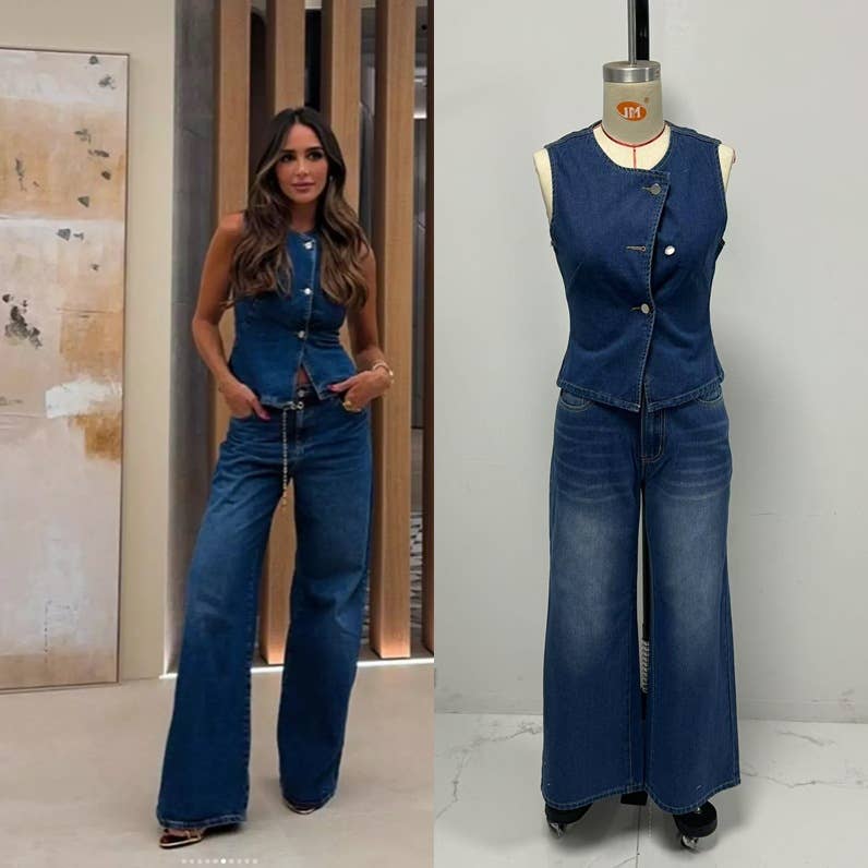 Sleeveless vest & wide-leg denim set