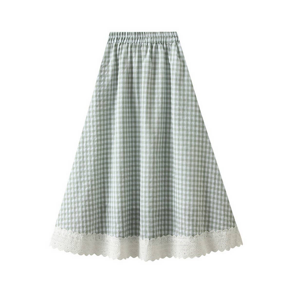Lace Trim Plaid High-Waist A-Line Midi Skirt