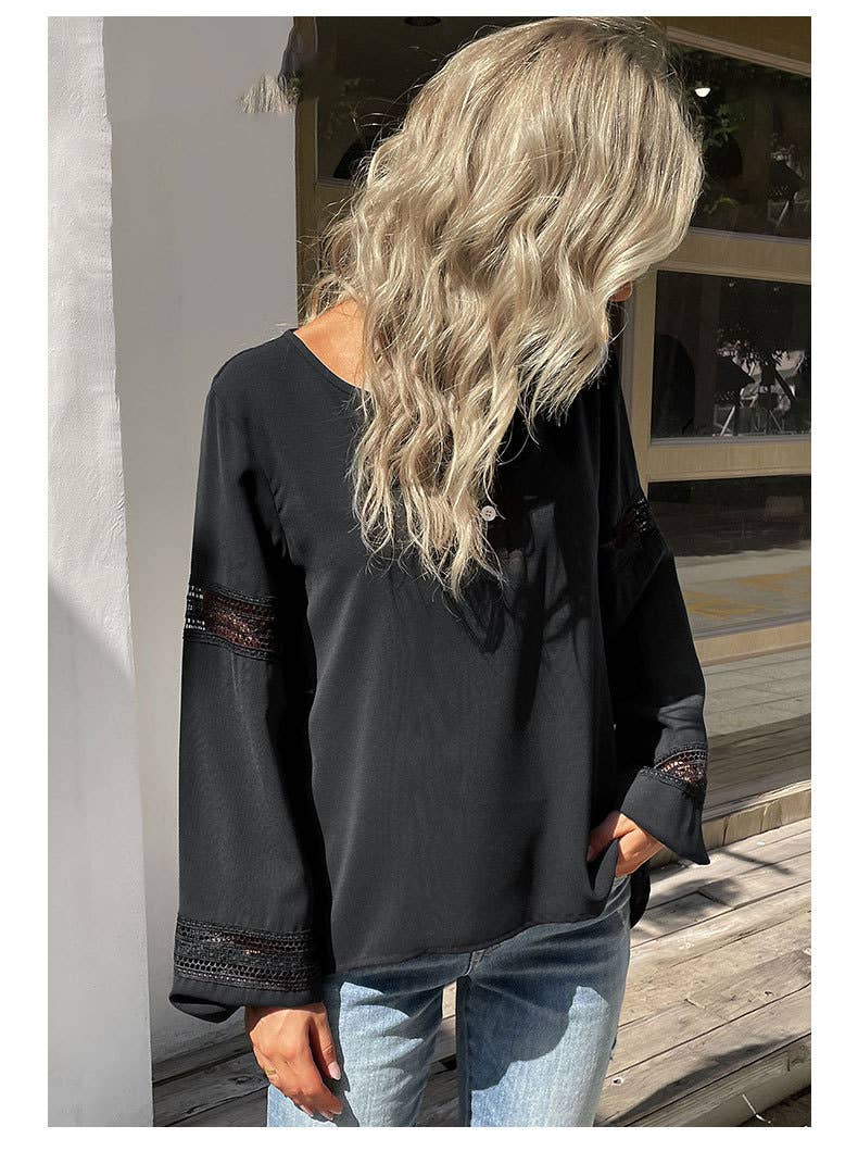 Round-neck lace patchwork cutout shirt