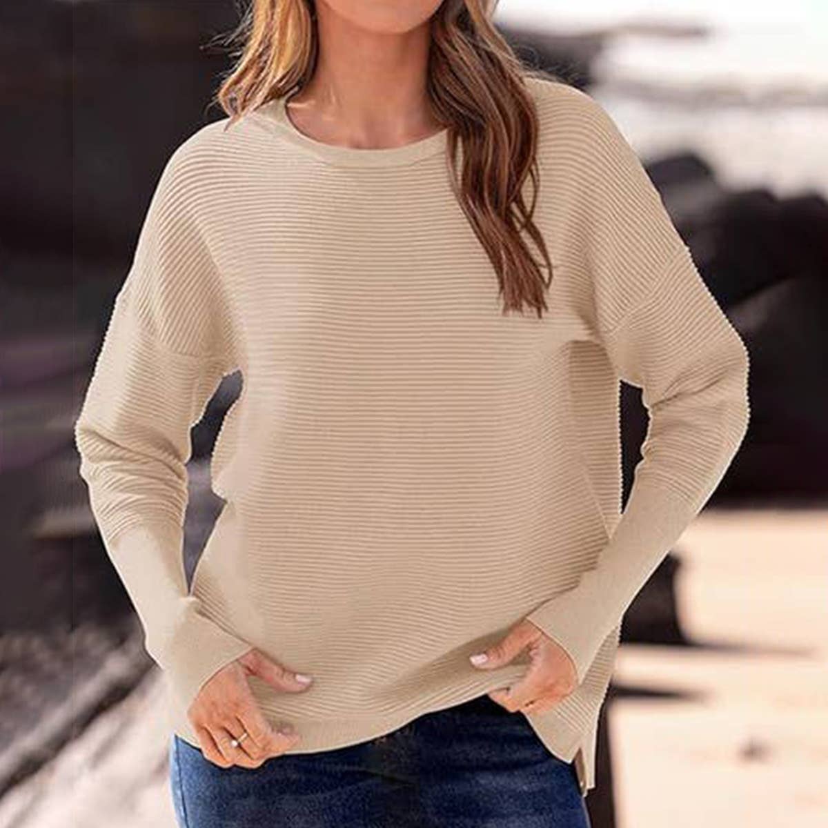SOLID COLOR SWEATER WITH STRIPED CREW NECK