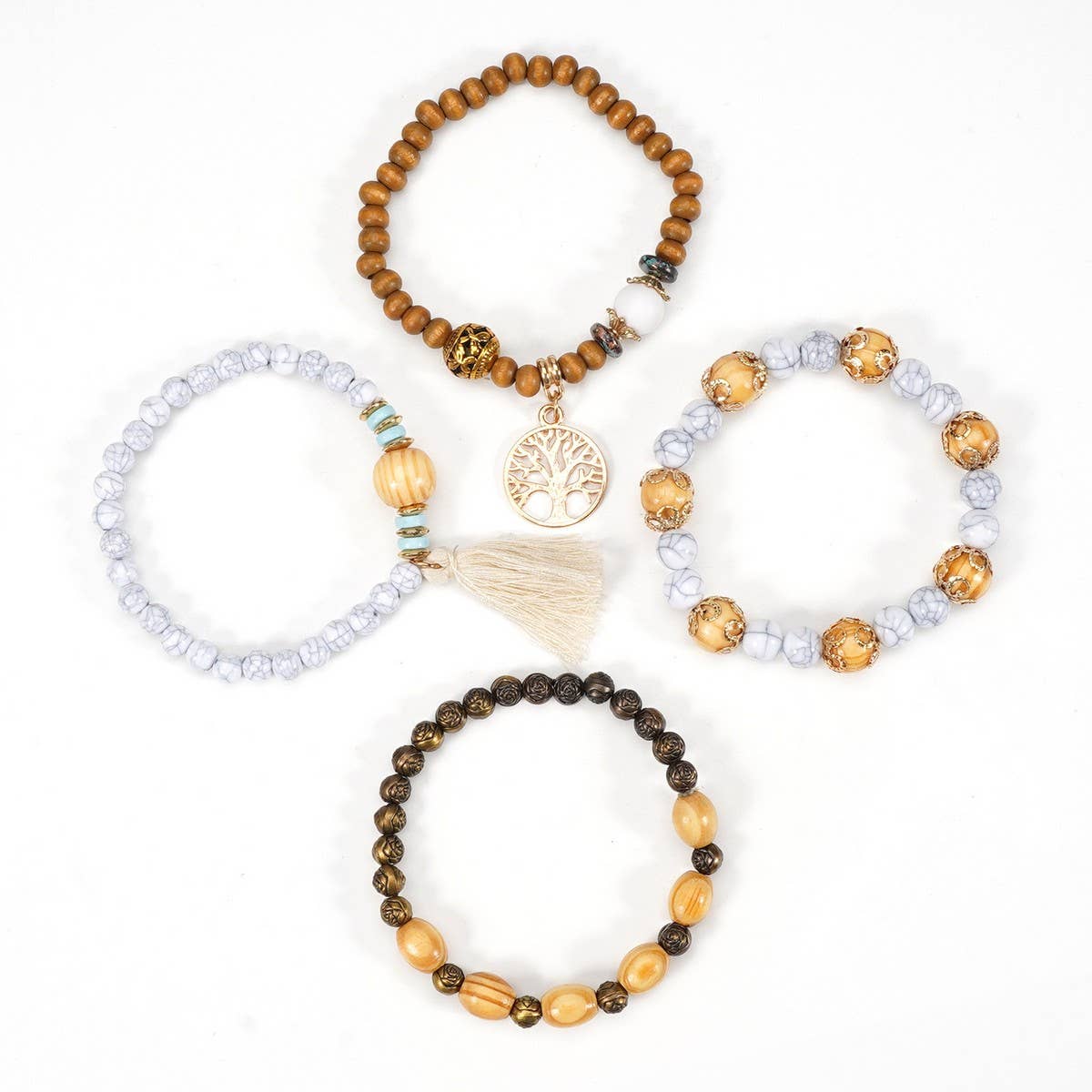 CWMM10462_WOOD BEAD ROSE ALLOY HANDMADE BRACELET SET