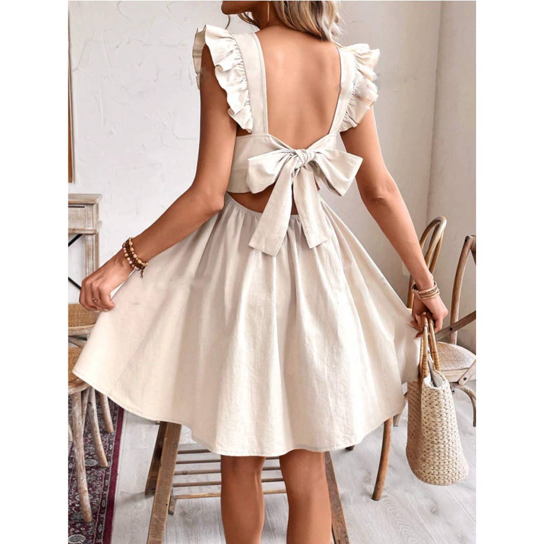 Backless ruffled solid-color cinched-waist dress