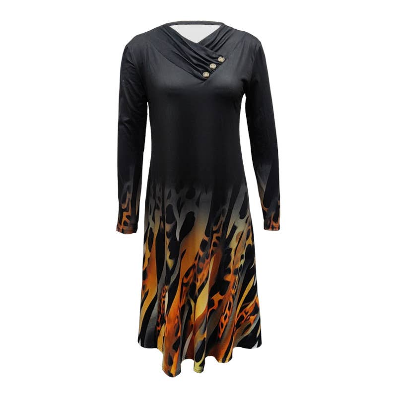 LONG SLEEVE ABSTRACT LEOPARD PRINT GRADIENT DRESS