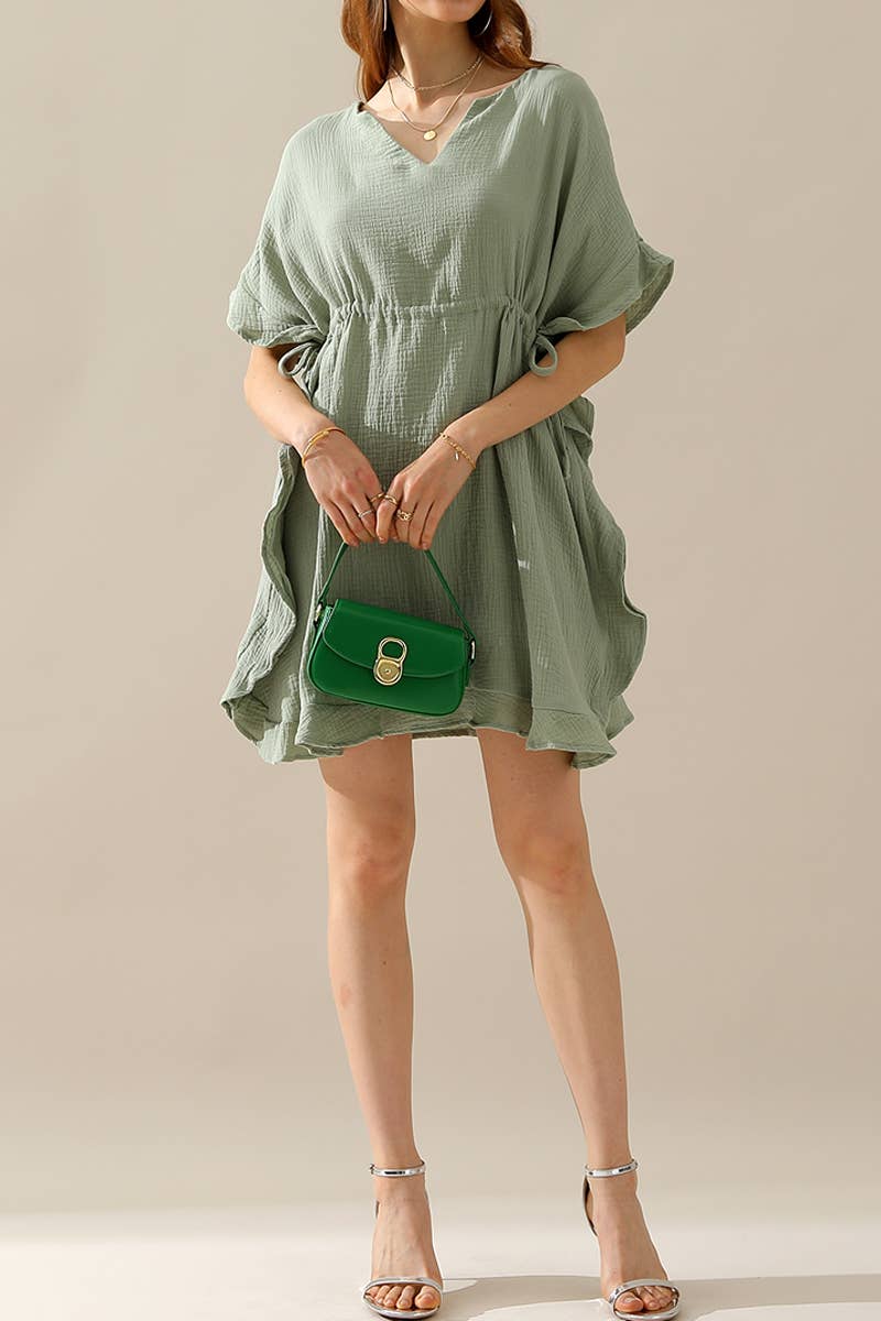 CWDSD10360_DRAWSTRING WAIST SOFT COTTON RUFFLE HEM DRESS