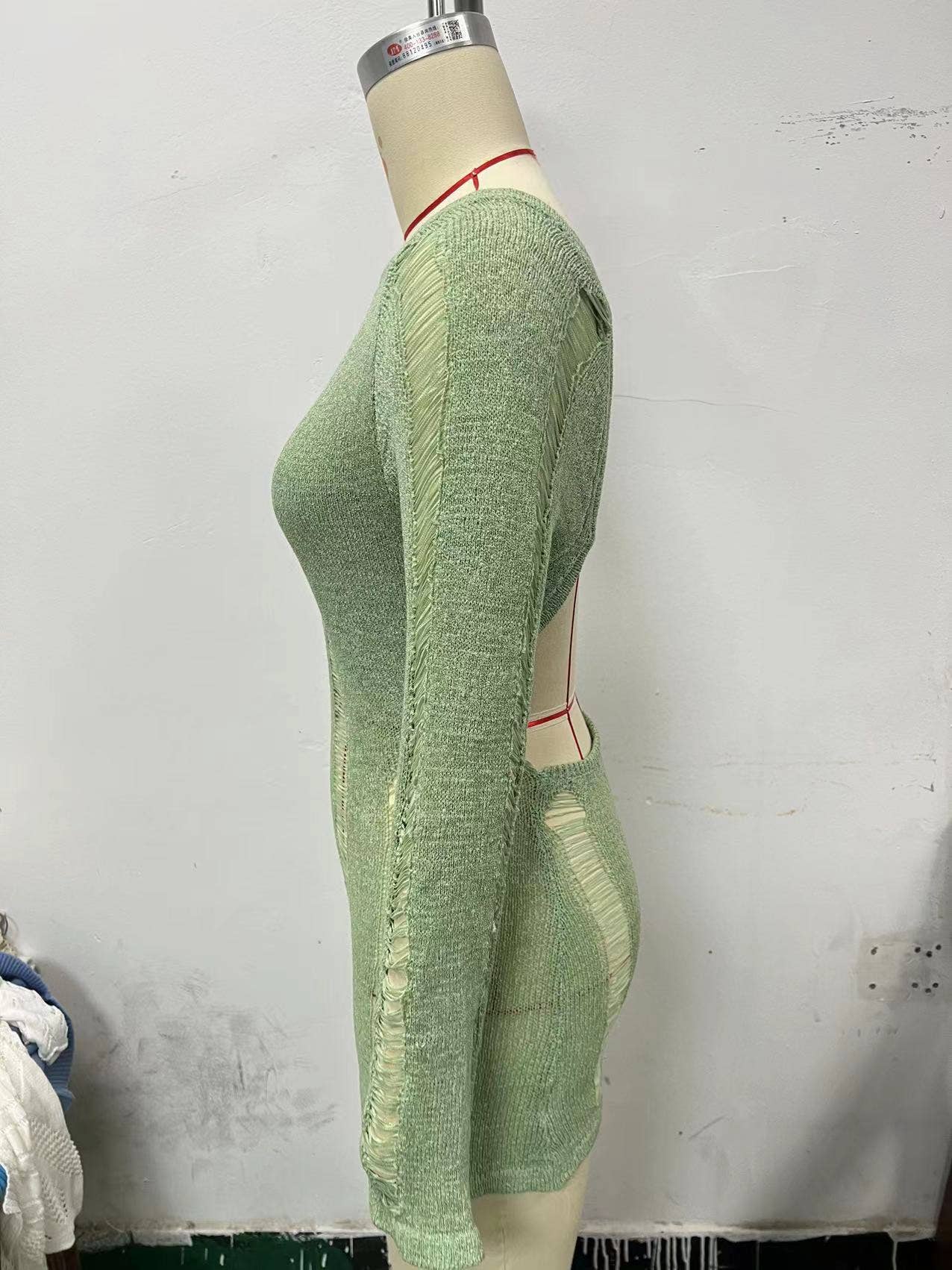 LONG SLEEVE HOLLOWED-OUT HIP WOOL DRESS