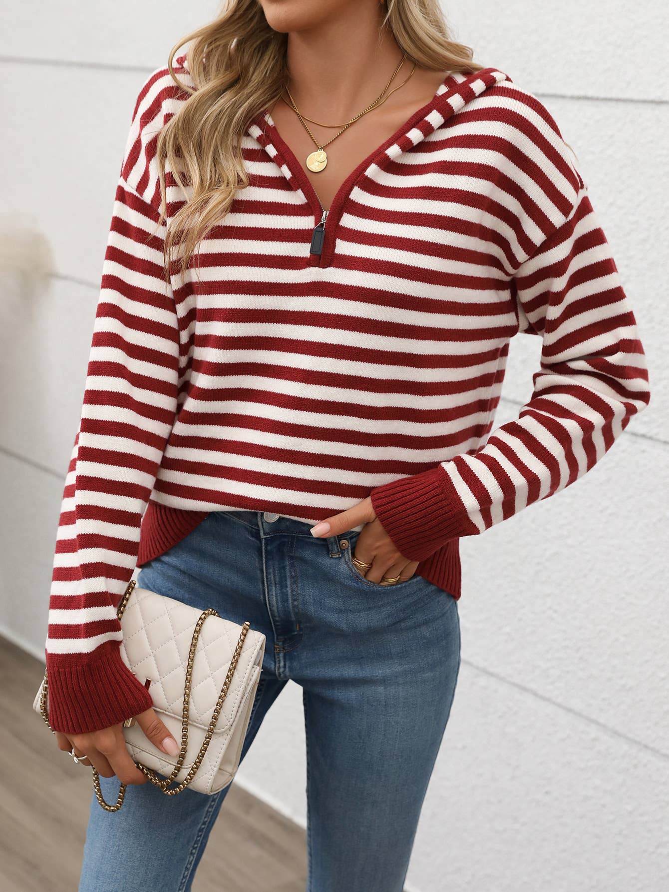 V-NECK STRIPED PULLOVER HALF-ZIP HOODED SWEATER
