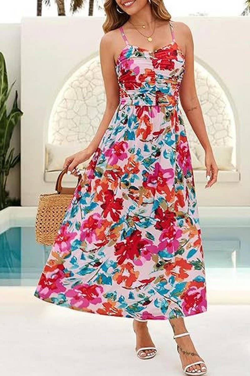 CWDHL1087_SPAGHETTI STRAP FLORAL PRINT TANK DRESS