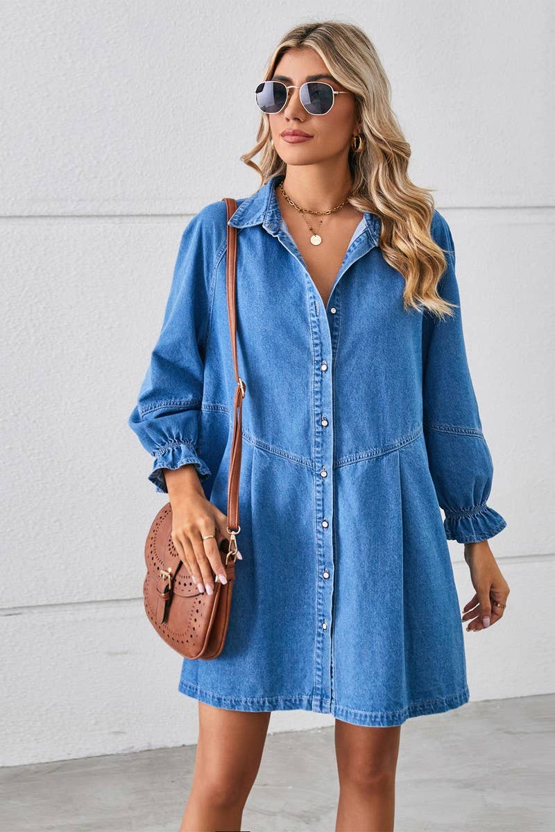 CWDSD10891_WASHED LONG-SLEEVED PANELED DENIM DRESS