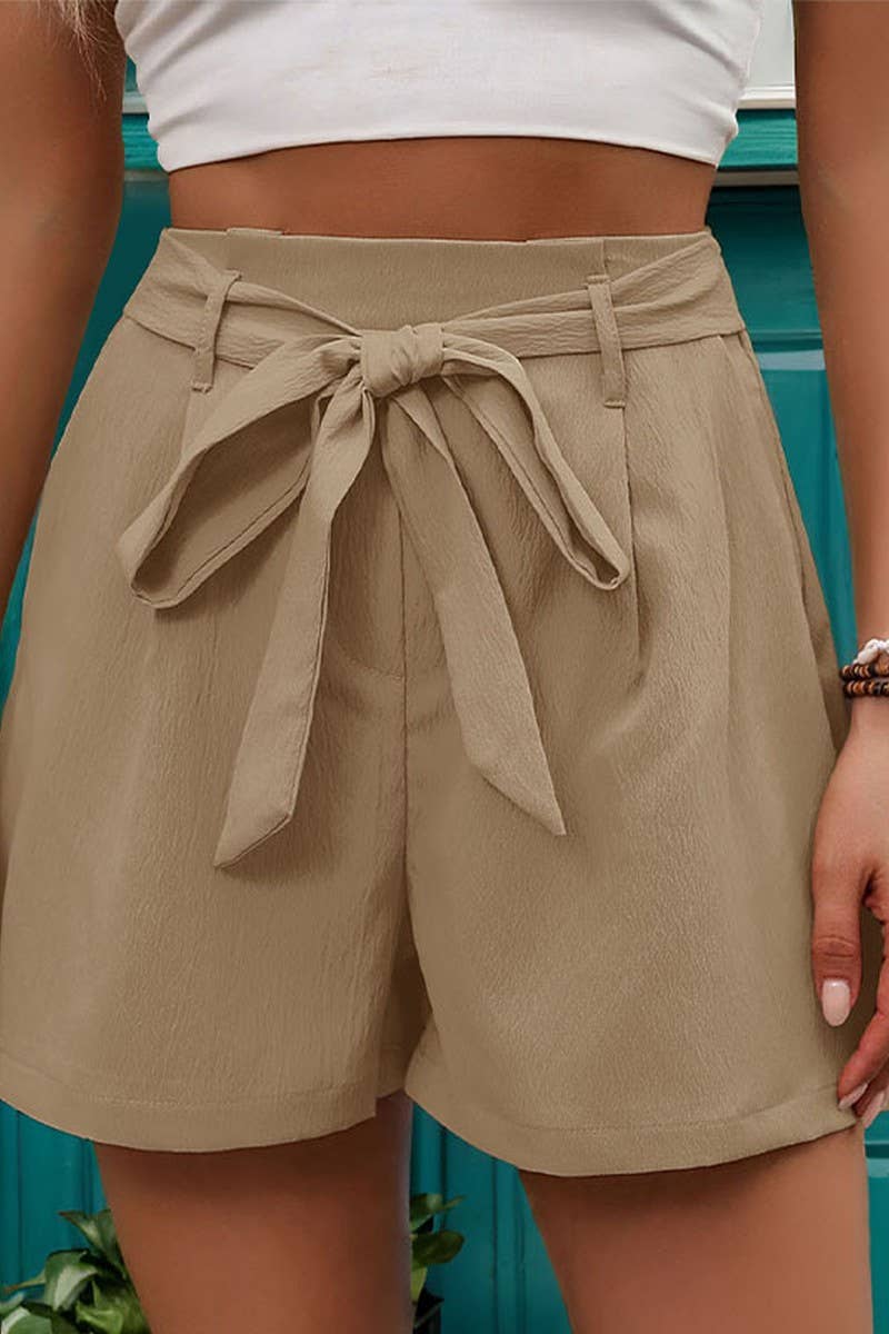 CWBSP0327_SOLID COLOR CASUAL LACE-UP SHORTS