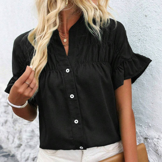 Women¡¯s casual pleated button-down linen shirt