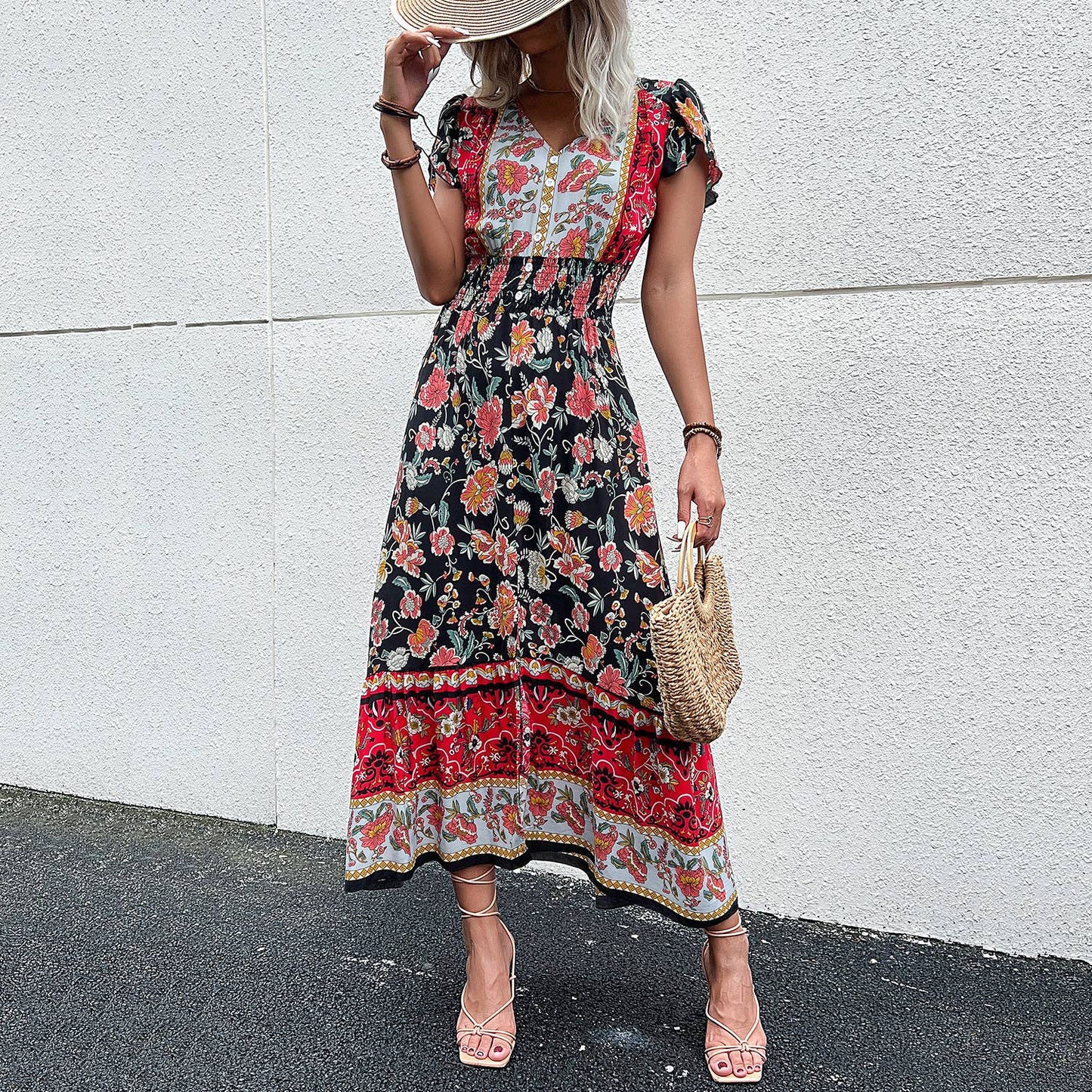 oho V Neck Split Hem Ethnic Print Dress