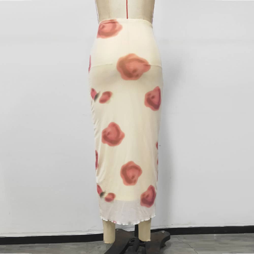 SLIM-FIT PRINT MESH SKIRT WITH HIP WRAP