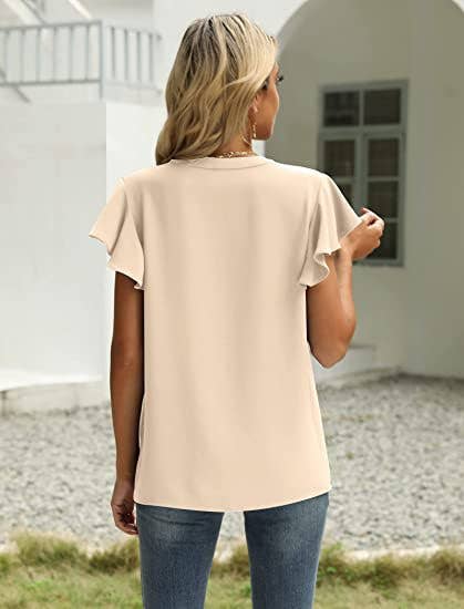 V-neck fly sleeve short sleeve solid color top