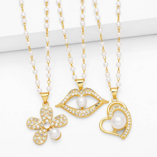 FASHIONABLE DIAMOND INLAID FLOWER PEARL NECKLACE