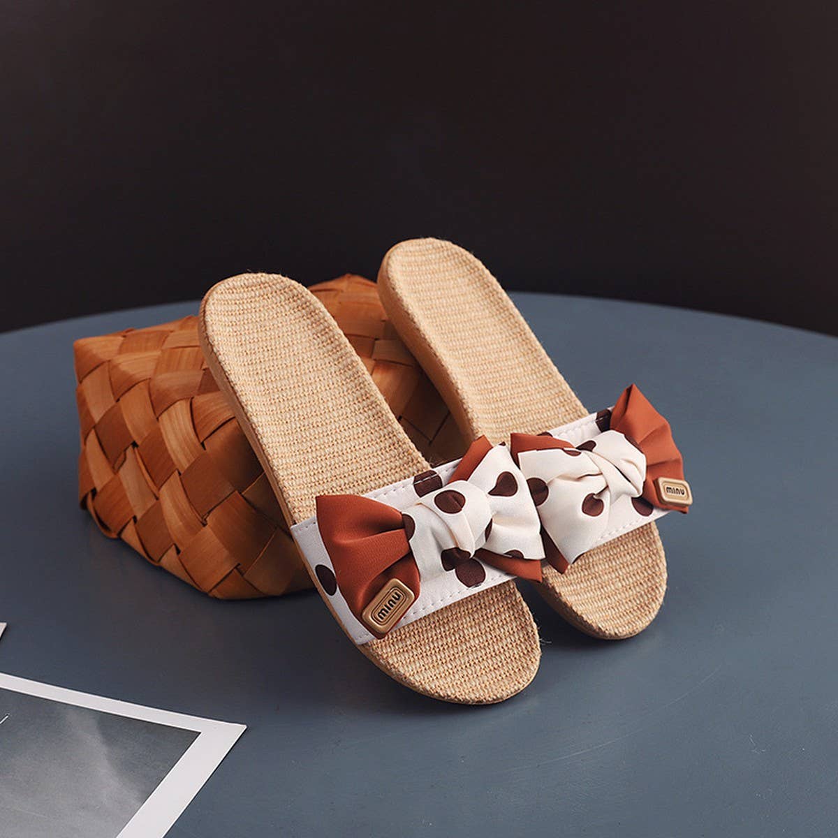 Polka Dot Linen Bow Slippers Soft Sole Non-Slip_CWSHF0185