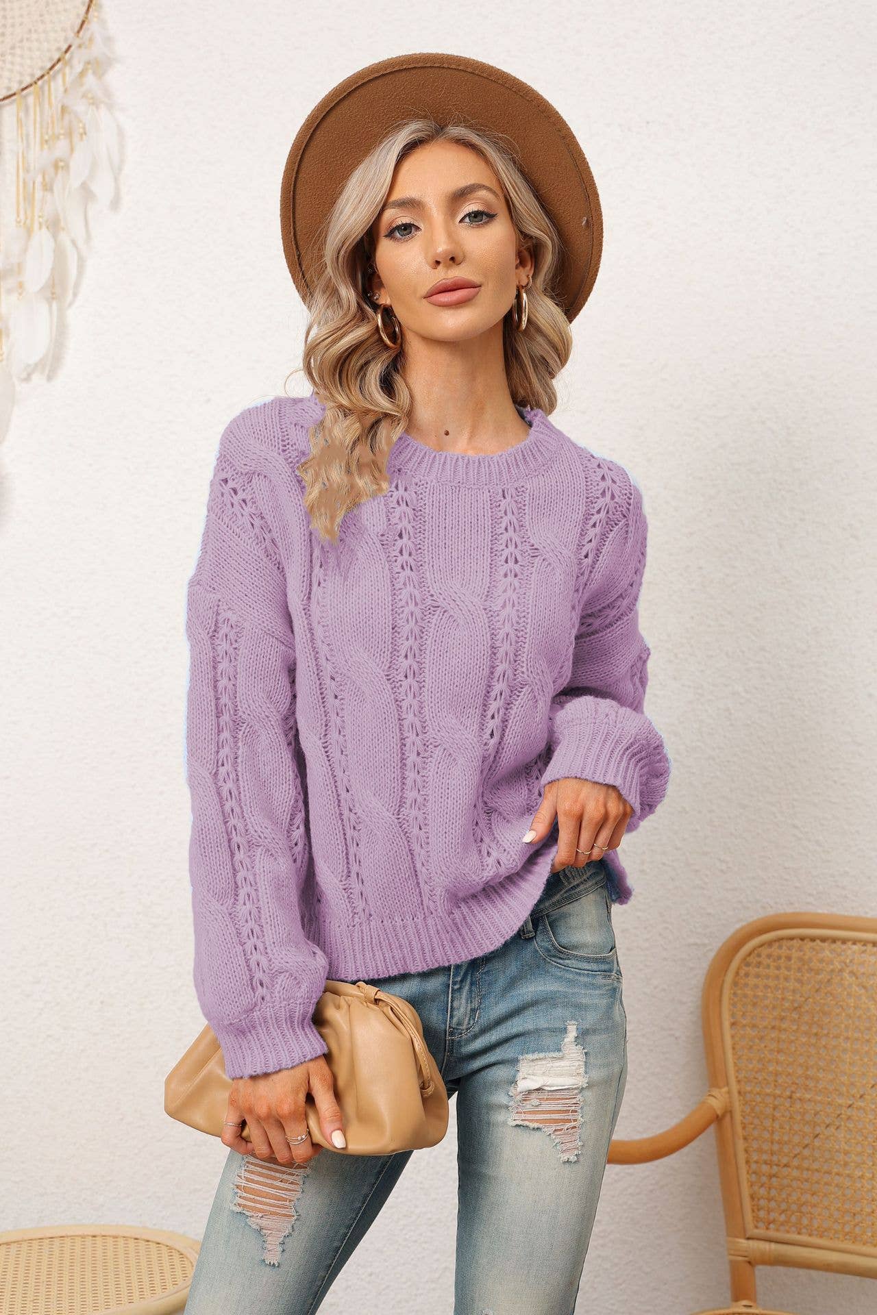 SOLID COLOR LOOSE FLORAL CREW-NECK PULLOVER_CWOSWL5513