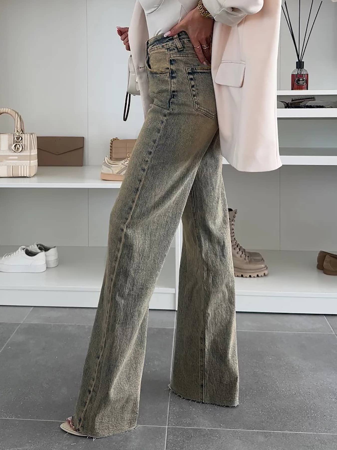 Heavy-duty washed stretch straight-leg jeans