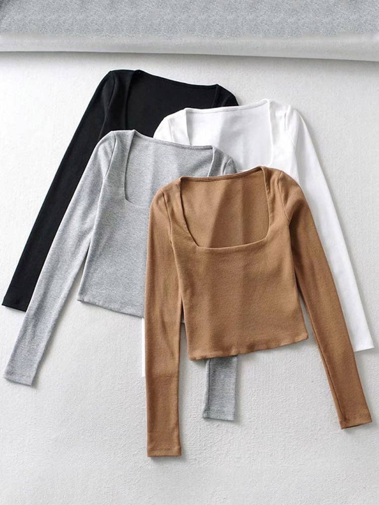 Square-neck solid-color long-sleeved T-shirt