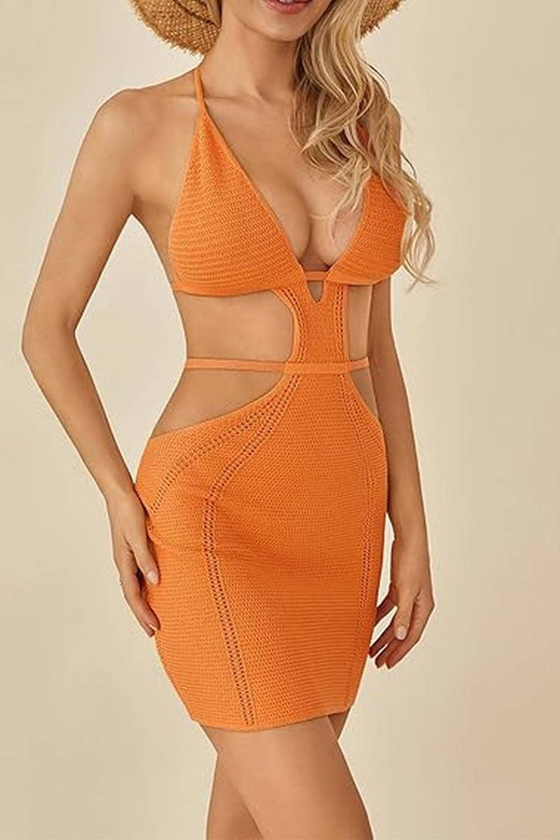 CWDSD7815_SEXY HALTERNECK HOLLOW SUSPENDER DRESS