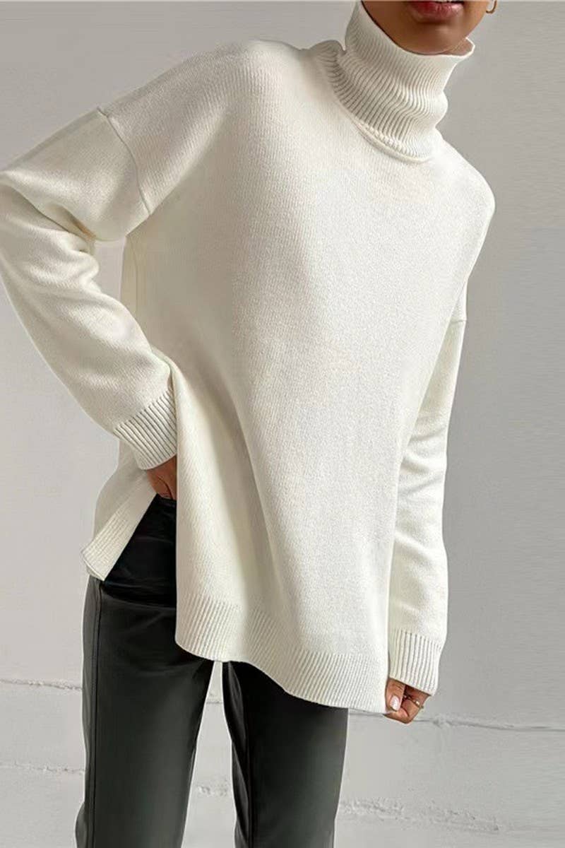 CWOSWL07651_SOLID COLOR HIGH COLLAR SLIT KNITTED TOP