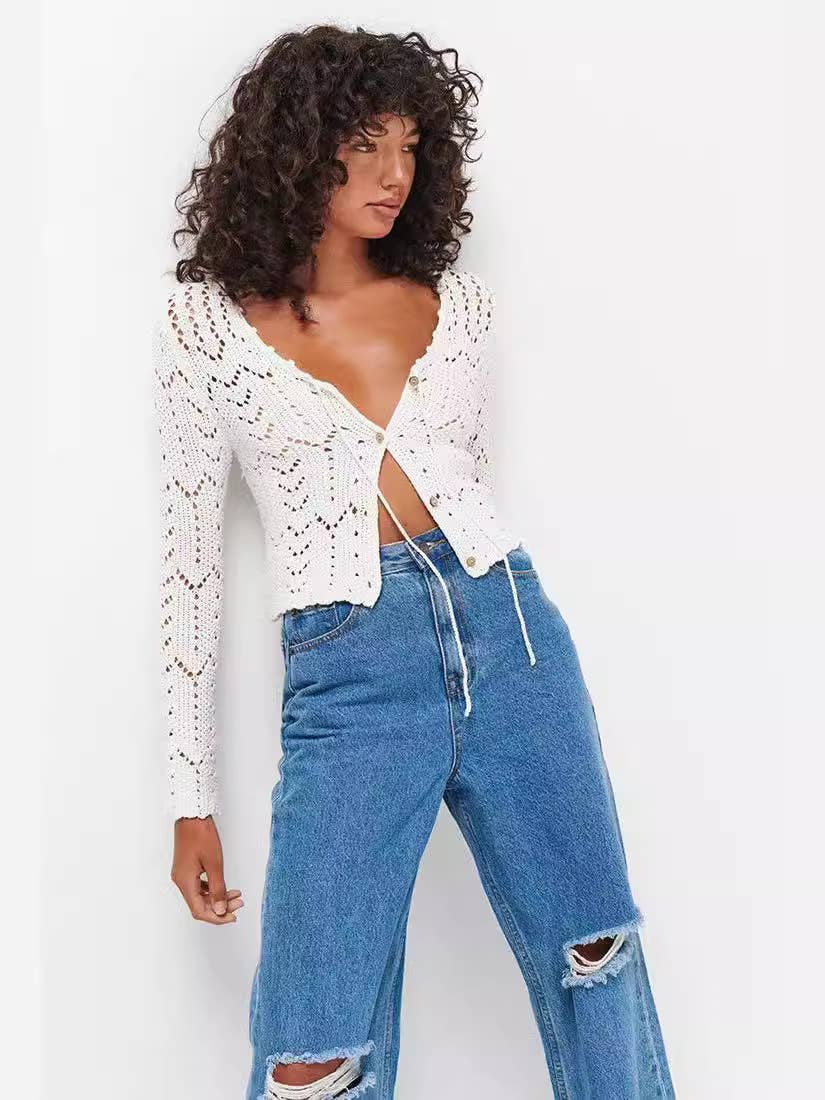 SEXY V-NECK HOLLOWED OUT SOLID COLOR CARDIGAN