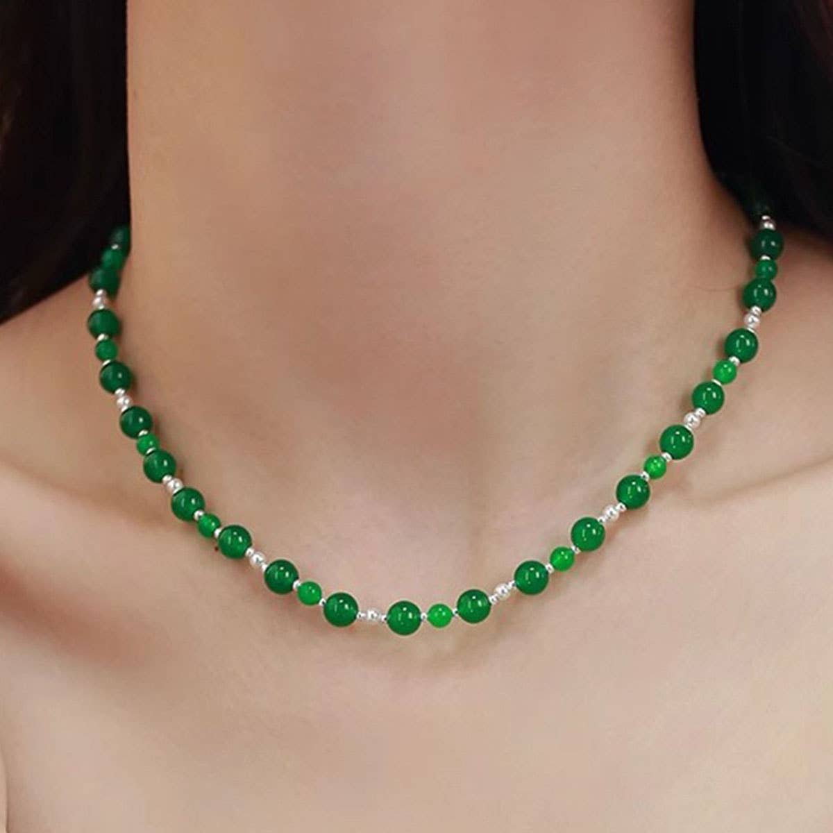 High-end green chalcedony beaded jasper necklace