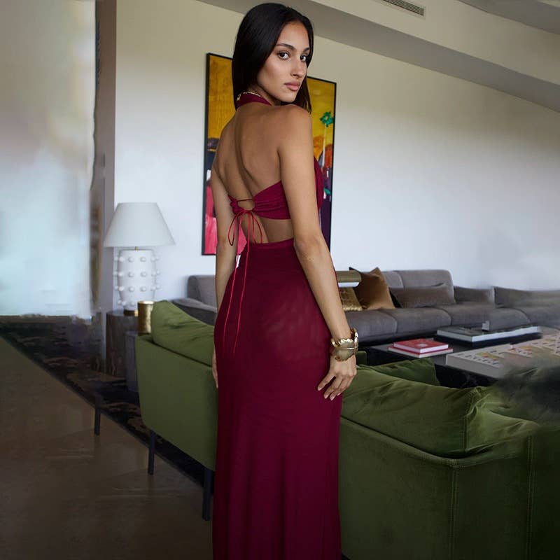 Long backless, cinched waist and neckline dress