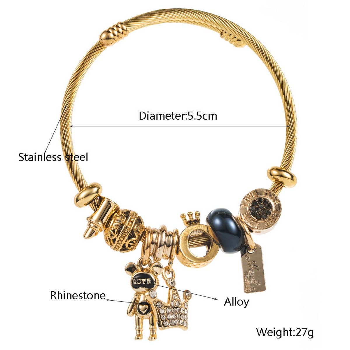 Trendy Beaded Steel Bracelet with Bear & Crown