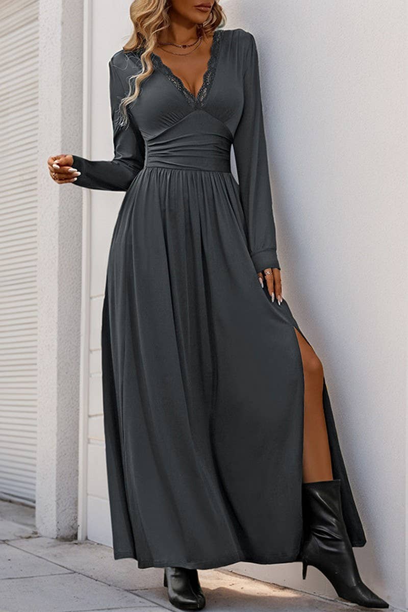 CWDMD3564_V-NECK SOLID COLOR SLIT SLIM MAXI DRESS
