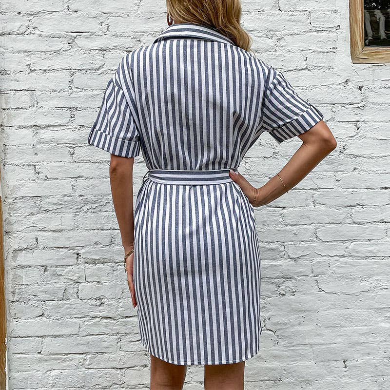 Striped lapel lace-up shirt dress